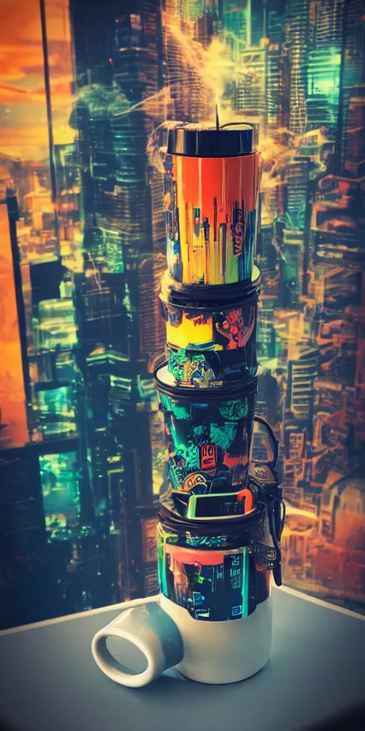 Image similar to stylish mug, filled with steaming hot coffee, standing on a table. cyberpunk style. colorful.