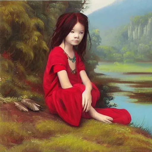 Image similar to “prompt Young Harpy-Girl, red feathered wings, wearing Inka clothes, sad expression, sitting at a pond, mountainous area, trees in the background, oil painting”