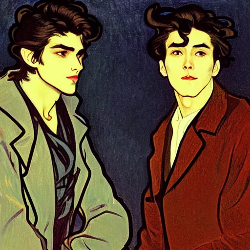 Image similar to painting of young cute handsome beautiful dark medium wavy hair man in his 2 0 s named shadow taehyung and cute handsome beautiful min - jun together at the halloween! party, bubbling cauldron!, candles!, smoke, autumn! colors, elegant, wearing suits!, delicate facial features, art by alphonse mucha, vincent van gogh, egon schiele