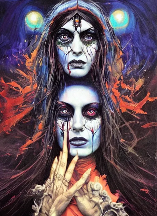 Prompt: tripping magic cult psychic woman, painted face, third eye, energetic consciousness psychedelic, epic surrealism expressionism symbolism, story telling, iconic, dark robed, oil painting, symmetrical face, dark myth mythos, by sandra chevrier, bruce pennington, masterpiece