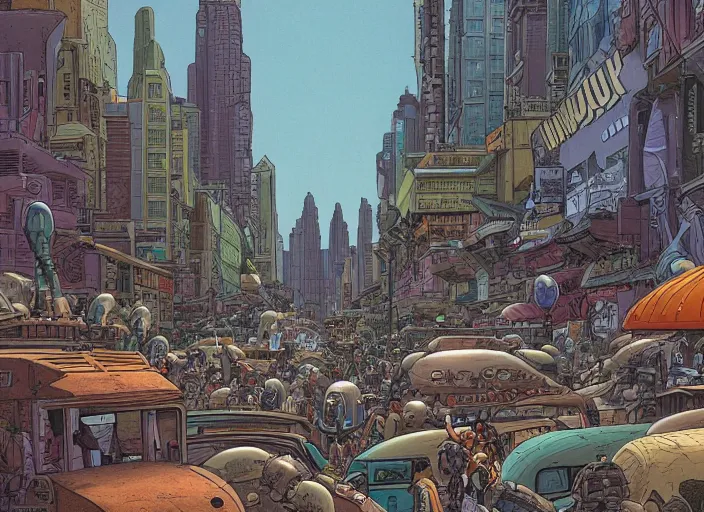 Prompt: close up view of a bustling city street on an alien planet by jeff darrow and moebius, earth and pastel colors, dramatic perspective, detailed, realistic, masterpiece, 4 k, 8 k