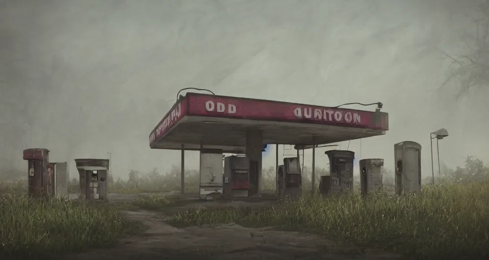 Image similar to Old abandoned gas stations on the side of the road to nowhere, evil, demonic, enchanting, misty, haze, cloudy, angelic, flowers, nature, environment concept, cinematic, cgsociety, dim and dark lighting, cinematic, intricate details, 8k detail post processing, hyperealistic, photo realism, by Edward Hopper