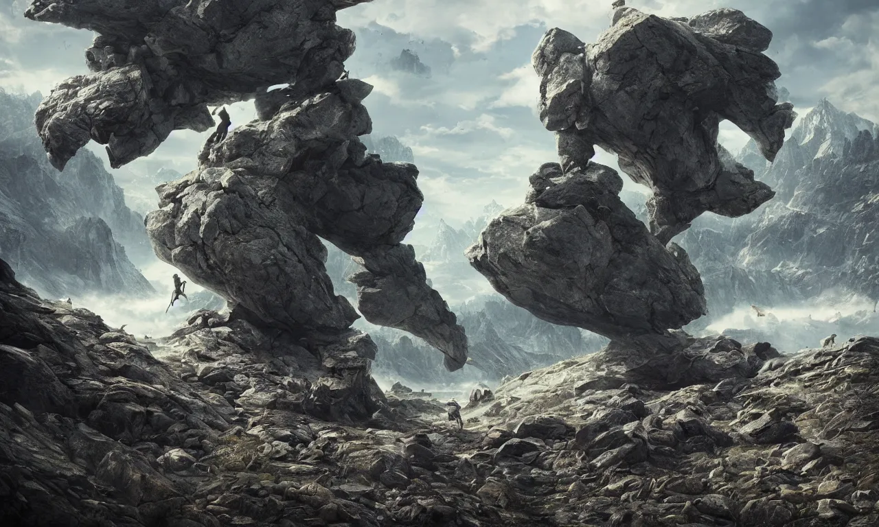 Image similar to creature made of rocks throwing rocks alpine valley. greg rutkowski, andreas achenbach, artgerm, mikko lagerstedt, zack snyder, tokujin yoshioka