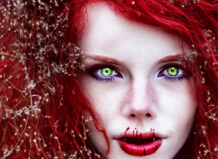 Prompt: award winning 5 5 mm close up face portrait photo of an anesthetic redhead woman with blood - red wavy hair, intricate eyes that look like stars, and fangs, in a park by luis royo