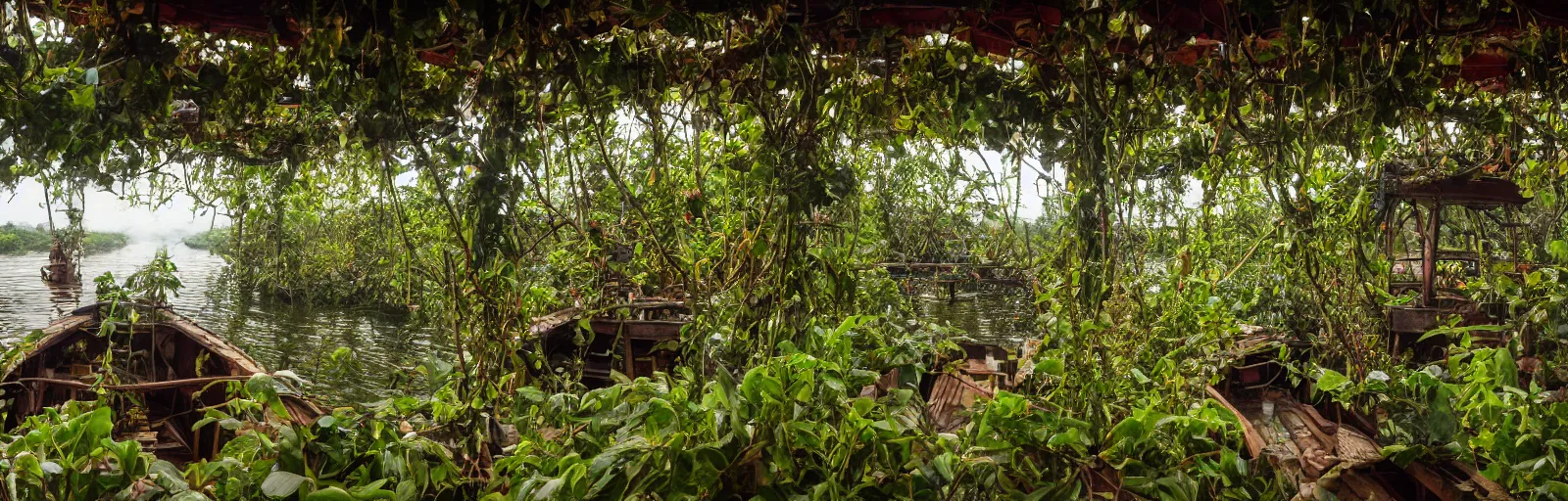 Prompt: A wooden, beautiful 1880's steamboat overgrown with intricate vines, flowers, snakes, anacondas and exotic vegetation floating down on the Amazon river. Faint lights from inside the ship. Steam. Birds circulating. The boat looks like an island. Ecosystem. Beautiful close up photo by National Geographic. Wide lens. Photo by Roger Deakins. Photorealistic. Sunset. Volumetric lights. Mist. hyper-maximalistic, with high detail, cinematic, 8k resolution, beautiful detail, insanely complex details.