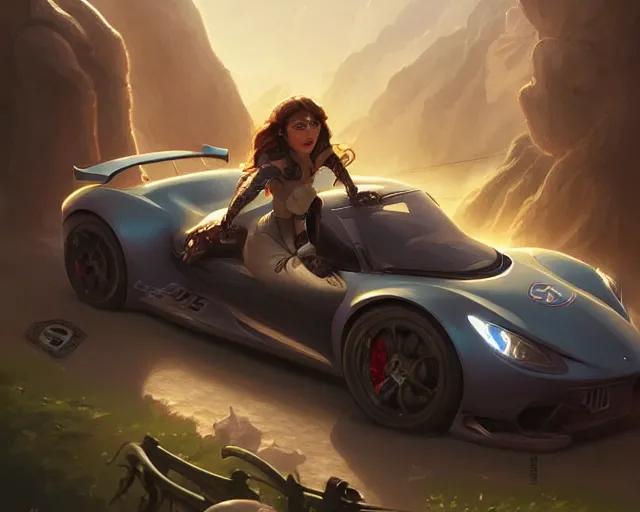 Image similar to sports car race directed by steven spielberg, deep focus, d & d, fantasy, intricate, elegant, highly detailed, digital painting, artstation, concept art, matte, sharp focus, illustration, hearthstone, art by artgerm and greg rutkowski and alphonse mucha