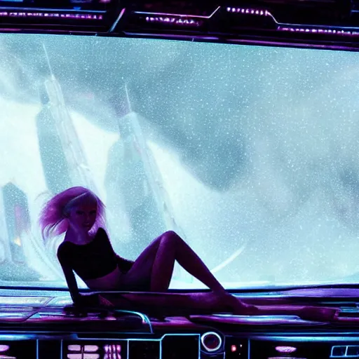 Image similar to silhouette of Elle Fanning on spaceship, stormy weather, extremely detailed masterpiece, oil on canvas, low-key neon lighting, artstation, Blade Runner 2049, Roger Deakin’s cinematography, by J. C. Leyendecker and Peter Paul Rubens,