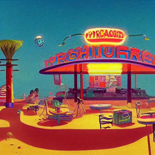 Prompt: psychedelic beachfront fast food restaurant by simon stalenhag