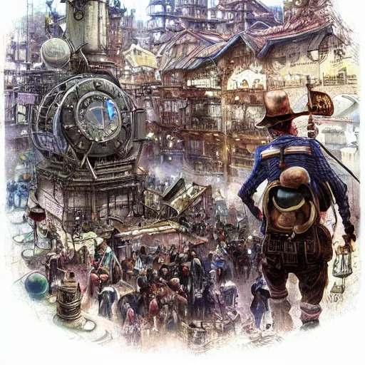 Prompt: The city of time traveler where crowd on street each carry own time travel devices, steampunk, machine, industrial, yoshitaka Amano, hiroshi yoshida, bright pastel colors