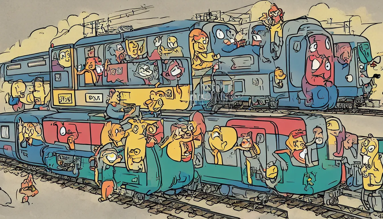 Prompt: Anthropomorphic electric multiple unit train, cartoon style