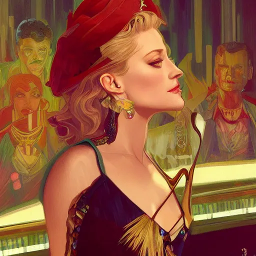 Image similar to Olivia Taylor Dudley as a lounge singer at a bar, intricate, elegant. highly detailed, digital painting, artstation, concept art, smooth, sharp, focus, illustration, art by artgerm and greg rutkowski and alphonse mucha