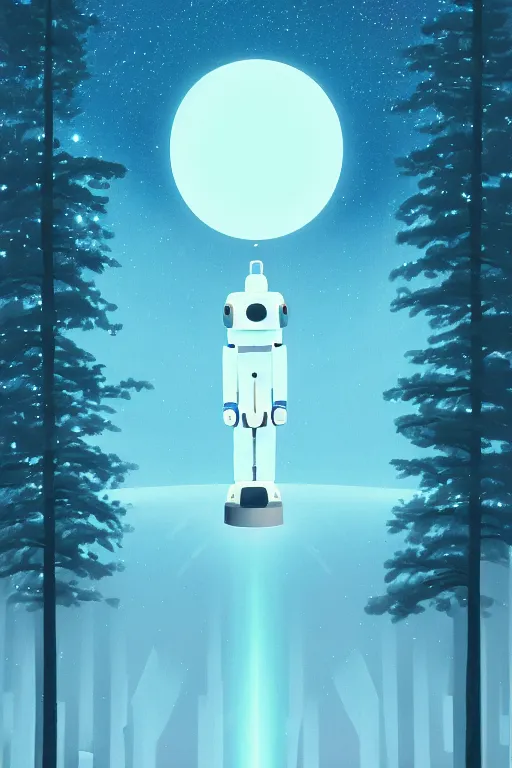 Prompt: A geometric glossy white robot stands in the middle of a forest in the centre of the frame. softly glowing blue trees at night. The sky above has many stars and a beautiful blue aurora. Comet in the middle of the sky. Cyril Roland naomi okubo. Trending on artstation. Digital painting.