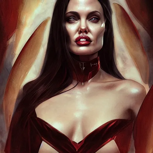 Image similar to Angelina Jolie as Lucifer Morningstar, highly detailed, digital painting, artstation, concept art, smooth, sharp focus, illustration, ArtStation, art by Katsuhiro Otomo and Tom Bagshaw