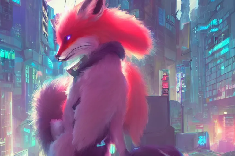 Image similar to a fox fursona with a fluffy tail in a cyberpunk city, trending on artstation, by kawacy, neon backlighting, furry art