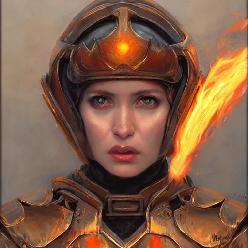 Image similar to the female flame knight, closeup portrait art by donato giancola and greg rutkowski, vintage retro, realistic face, digital art, trending on artstation, symmetry!!