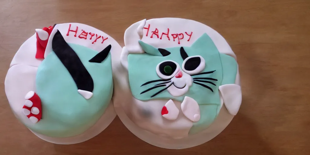 Prompt: There is a cat pattern on the birthday cake, whose left eye is blue, the right eye is red, and the ear is green. And which says 'Aza, 818 happy birthday!'