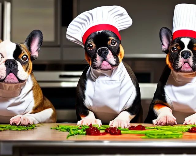 Image similar to a 8k highly detailed still photo by David Bailey of Two multi-colored French Bulldogs in chef hats and aprons starring on a cooking show, a high end kitchen in the background, bokeh