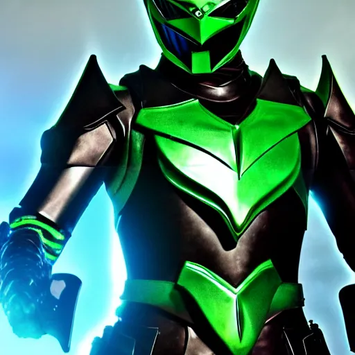 Prompt: High Fantasy Kamen Rider, glowing eyes, 4k, daytime, rubber suit, segmented armor, dark blue armor with green secondary color, tokusatsu