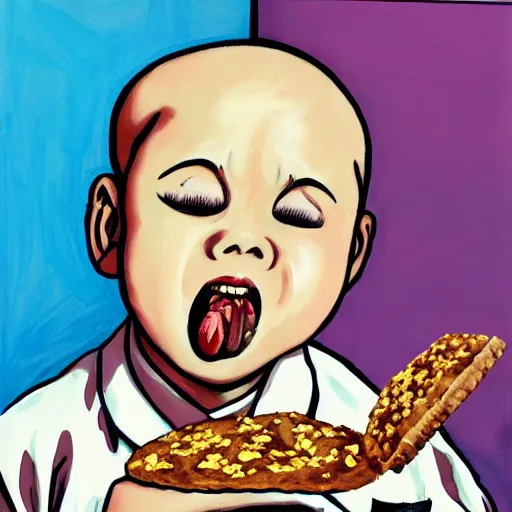 Image similar to painting of a chubby boy eating a delicious cholocate chunks cookies, buzz cut, junji ito