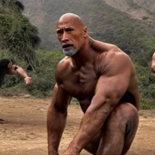 Image similar to Dwayne Johnson killed by herd of pissed off chimpanzees holding spears