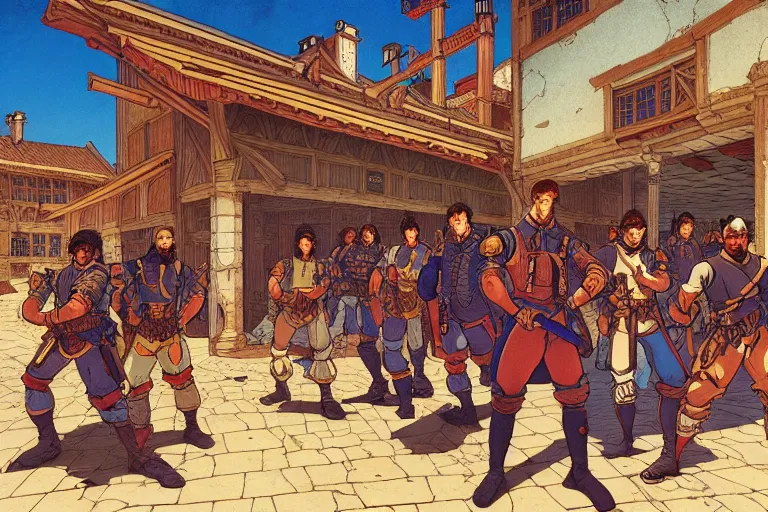 Image similar to cel - shaded establishing shot of a rag - tag team of mercenaries in an old tavern in a late renaissance city, key visual with intricate linework, in the style of moebius, ayami kojima, 9 0's anime, retro fantasy