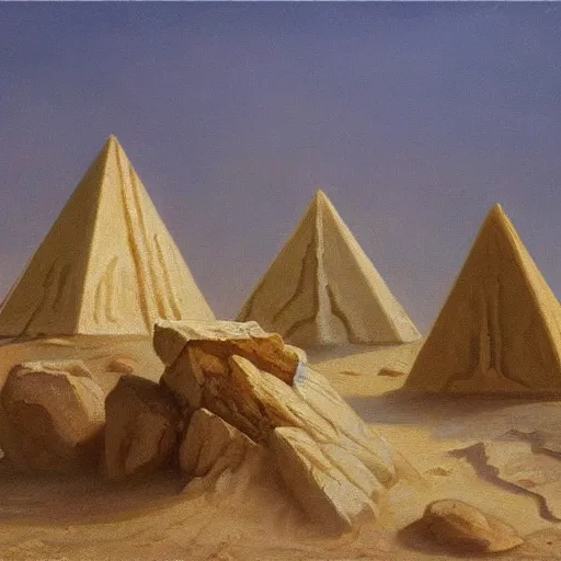 Image similar to Zinc white pyramids in the desert, oil painting, highly detailed, artwork, in style of Albert bierstadt