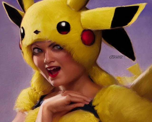 Image similar to woman in a costume of pikachu, photo by gaston bussiere, craig mullins, j. c. leyendecker