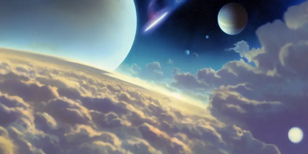 Image similar to blue dreamy cloudscape with a single planet in the clouds, ringed planet, daylight, cinematic lighting, cinematic perspective, syd mead, john harris, federico pelat,