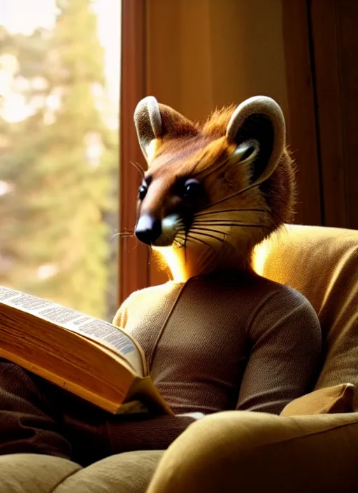 Prompt: A beautiful scene from a 2022 sci-fi film featuring a humanoid pine marten in loose clothing reading an ancient book on a couch. An anthropomorphic pine marten wearing a white shirt. Golden hour.