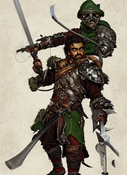 Image similar to strong young man, photorealistic bugbear ranger holding sword, fire magic, black beard, dungeons and dragons, pathfinder, roleplaying game art, hunters gear, jeweled ornate leather and steel armour, concept art, character design on white background, by norman rockwell, makoto shinkai, kim jung giu, artstation trending, poster art, colours red and green