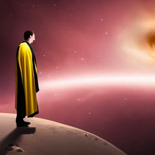 Image similar to award - winning. trending on artstation. 4 k. expressive. a faceless man wearing layered yellow robes while a black hole in space floats behind them. dark background. in the style of victor antonov