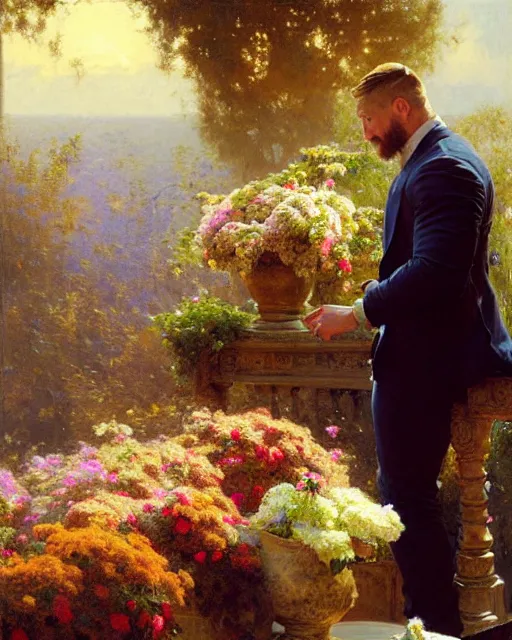 Image similar to tom hardy admiring a table full of flowers, golden hour painting by gaston bussiere, craig mullins, j. c. leyendecker