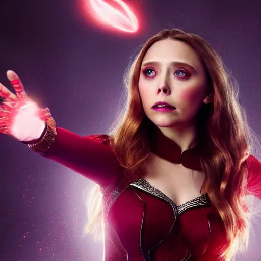 Image similar to elizabeth olsen as the scarlet witch, floating in the air as she emanates magic from her palms, full - body portrait, 3 5 mm!!!!! photography, disdain facial expression, messy!!!!! hair, trending on artstation, photorealistic!!!!!, 4 k, 8 k