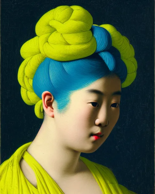 Prompt: photo-realistic portrait of a young asian woman with blue hair buns, wearing a neon yellow dress by Vivienne Westwood, intricate details, masterpiece, in the style of Jean Auguste Dominique Ingres, black background