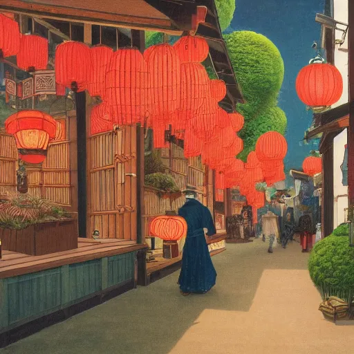 Image similar to japanese paper lantern shop on a fancy street in a japanese village during the day, lush plants, magic details, by moebius, edward hopper, james gilleard, and james jean, hd, 8 k, trending on artstation, uhd,