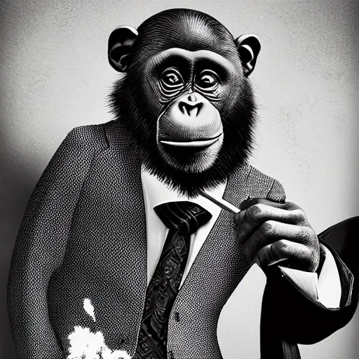 Image similar to a high detail shot of a chimp wearing a suit and smoking