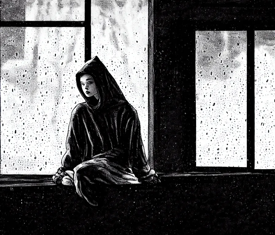 Image similar to sadie sink in hoodie sits on windowsill, knees tucked in | rain falls at night : b & w storyboard, scifi cyberpunk. by gabriel hardman, joe alves, chris bonura. cinematic atmosphere, detailed and intricate, perfect anatomy