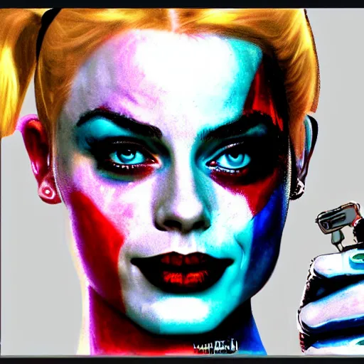 Prompt: Harley Quinn Margot Robbie, digital art, sticker