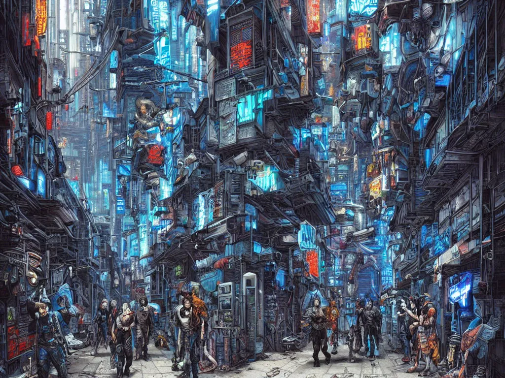 Image similar to a cyberpunk gang in the alleyway between buildings, graffiti, fine detail, intricate, polished, smooth, ultradetailed, blue color scheme, digital art, illustration, by john smith and noriyoshi ohrai