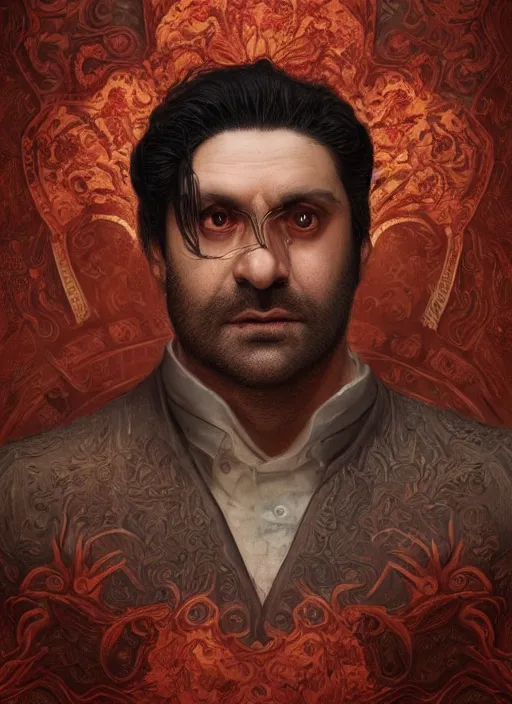 Image similar to portrait of Nandor from What We Do in the Shadows (2019), highly detailed, centered, solid color background, digital painting, artstation, concept art, smooth, sharp focus, illustration, artgerm, donato giancola, Joseph Christian Leyendecker, Les Edwards, Ed Repka, WLOP, Artgerm