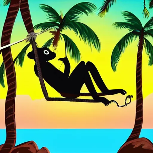Image similar to a monkey laying a hammock smoking a joint, sunset, cartoon style,