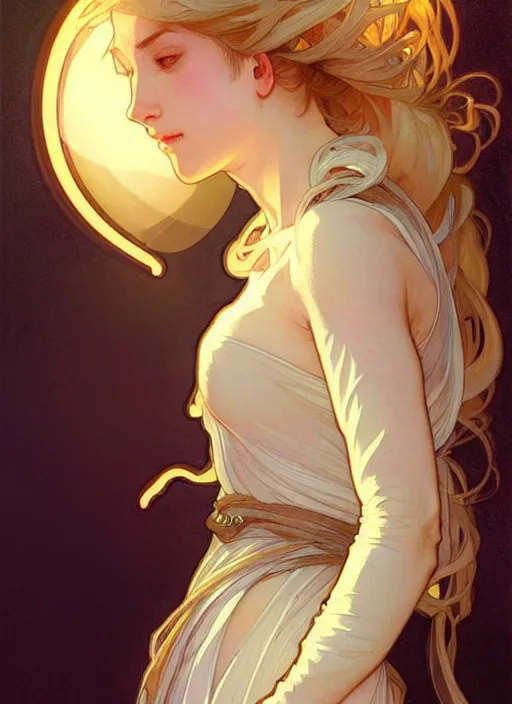 Image similar to digital character concept art by artgerm and greg rutkowski and alphonse mucha. clear portrait of a modern young wife blessed by god to unstoppably grow more perfect and fertile!! blonde, in clothes! holy full - figured! emotive, light effect. hyper detailed, glowing lights!! intricate, elegant, digital painting, artstation, smooth, sharp focus