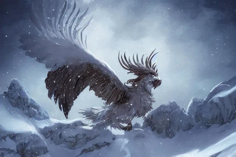 Image similar to Snow gryphon on a beautiful fantasy landscape, mountainside, winter, moonlit, HD, illustration, epic, D&D, fantasy, intricate, elegant, highly detailed, digital painting, artstation, concept art, smooth, sharp focus, illustration, wallpaper, art by artgerm and greg rutkowski and alphonse mucha and jin xiaodi