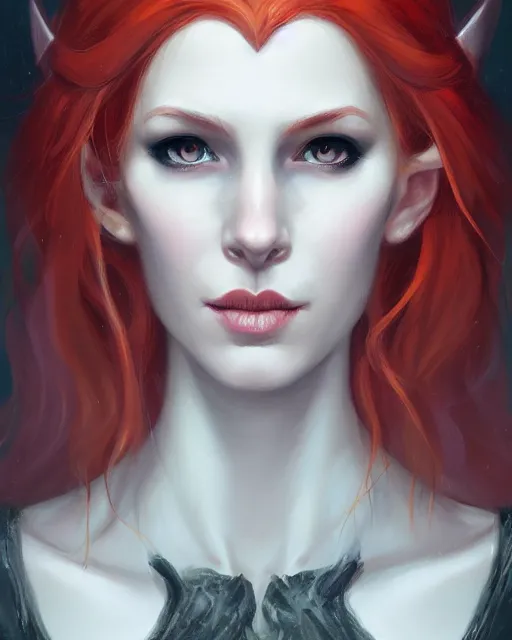 Image similar to a detailed matte oil on canvas head on symmetrical portrait of a distinguished elven woman with red hair on an empty background, by charlie bowater, wlop, trending on artstationhd, dungeons and dragons art, critical role