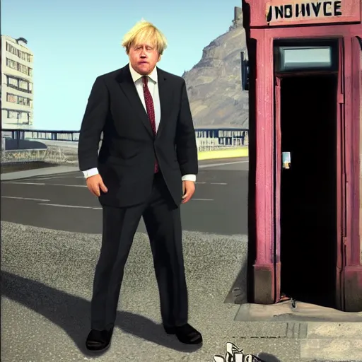 Image similar to boris johnson in gta v, cover art by stephen bliss, boxart, loading screen