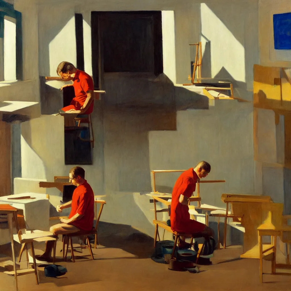 Image similar to painting of a artist, creating in his studio alone, in a huge studio, in the style of edward hopper