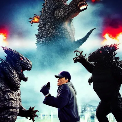 Prompt: Movie poster for the new film 'Coach Belichick vs. Godzilla'