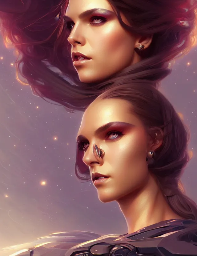 Image similar to futuristic woman portrait, sci-fi, amber eyes, face, long hair, fantasy, intricate, elegant, highly detailed, digital painting, artstation, concept art, smooth, sharp focus, illustration, art by artgerm and greg rutkowski and alphonse mucha