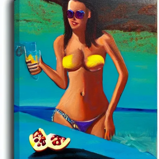 Image similar to oil on canvas woman in a bikini on a rock eating pomegranate dripping juice