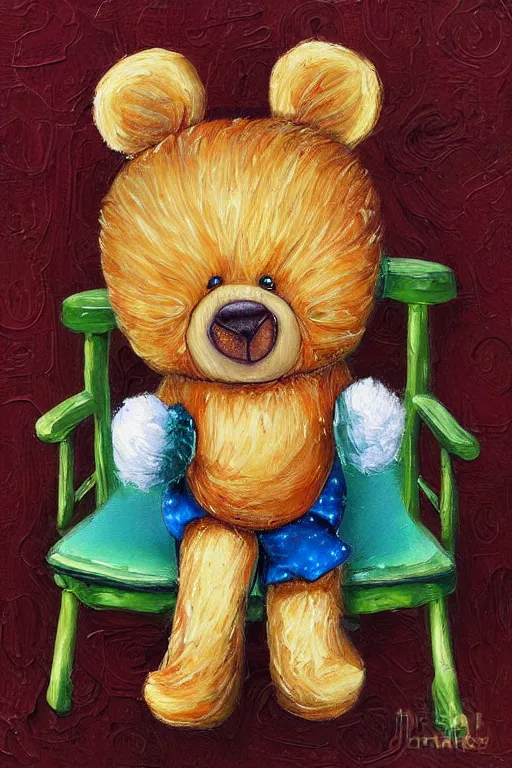 Prompt: a whimsical painting of a whimsical furry teddy bear sitting on a wooden chair painted by jeremiah ketner